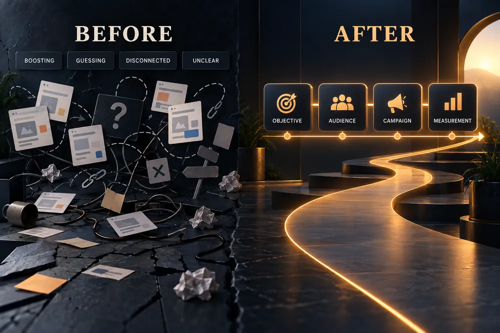 A split scene: on the left, scattered disconnected adverts labelled boosting, guessing, disconnected and unclear; on the right, an ordered lit path with panels labelled Objective, Audience, Campaign and Measurement.