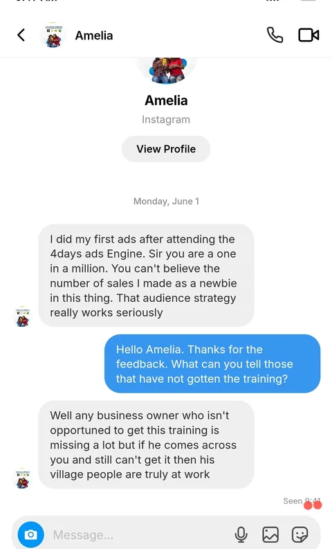 Instagram message from a student describing running their first ads after attending 4 Days Ads Engine.