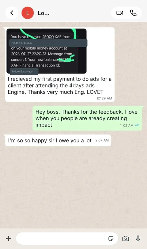 WhatsApp message from a student saying they received their first payment to run ads for a client after attending 4 Days Ads Engine.