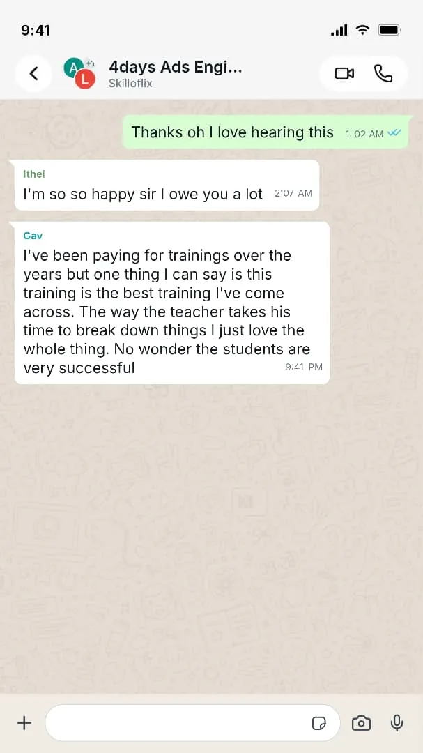 Full view of the 4 Days Ads Engine training group chat: one participant writes that they are so happy, and another writes that after years of paying for trainings this is the best training they have come across, praising how the teacher breaks things down.