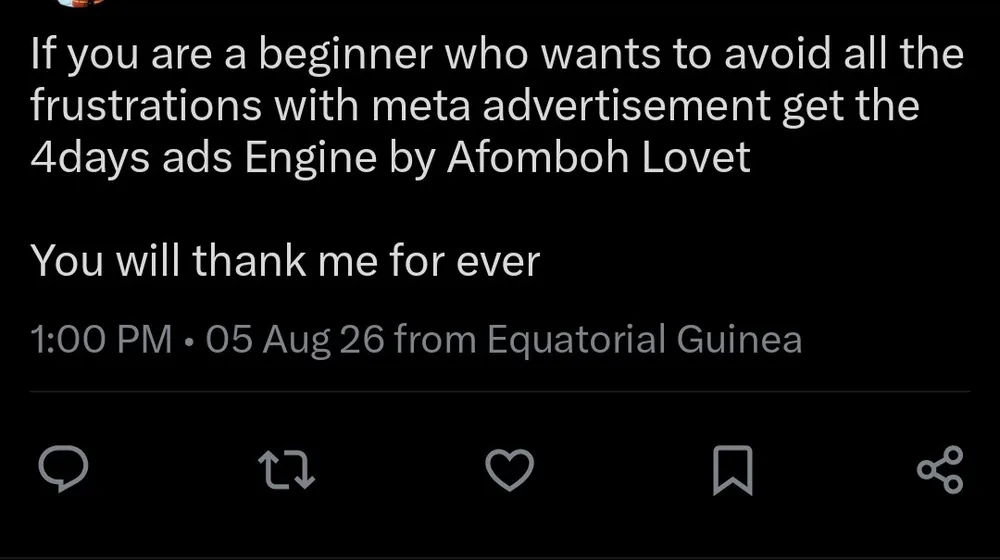Full public social media post recommending 4 Days Ads Engine to beginners who want to avoid frustration with Meta advertising.