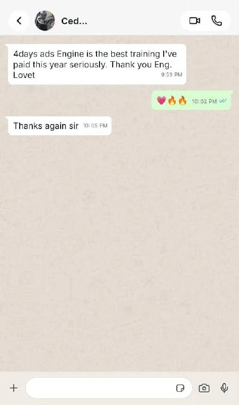 Full WhatsApp message in which a student calls 4 Days Ads Engine the best training they paid for this year.