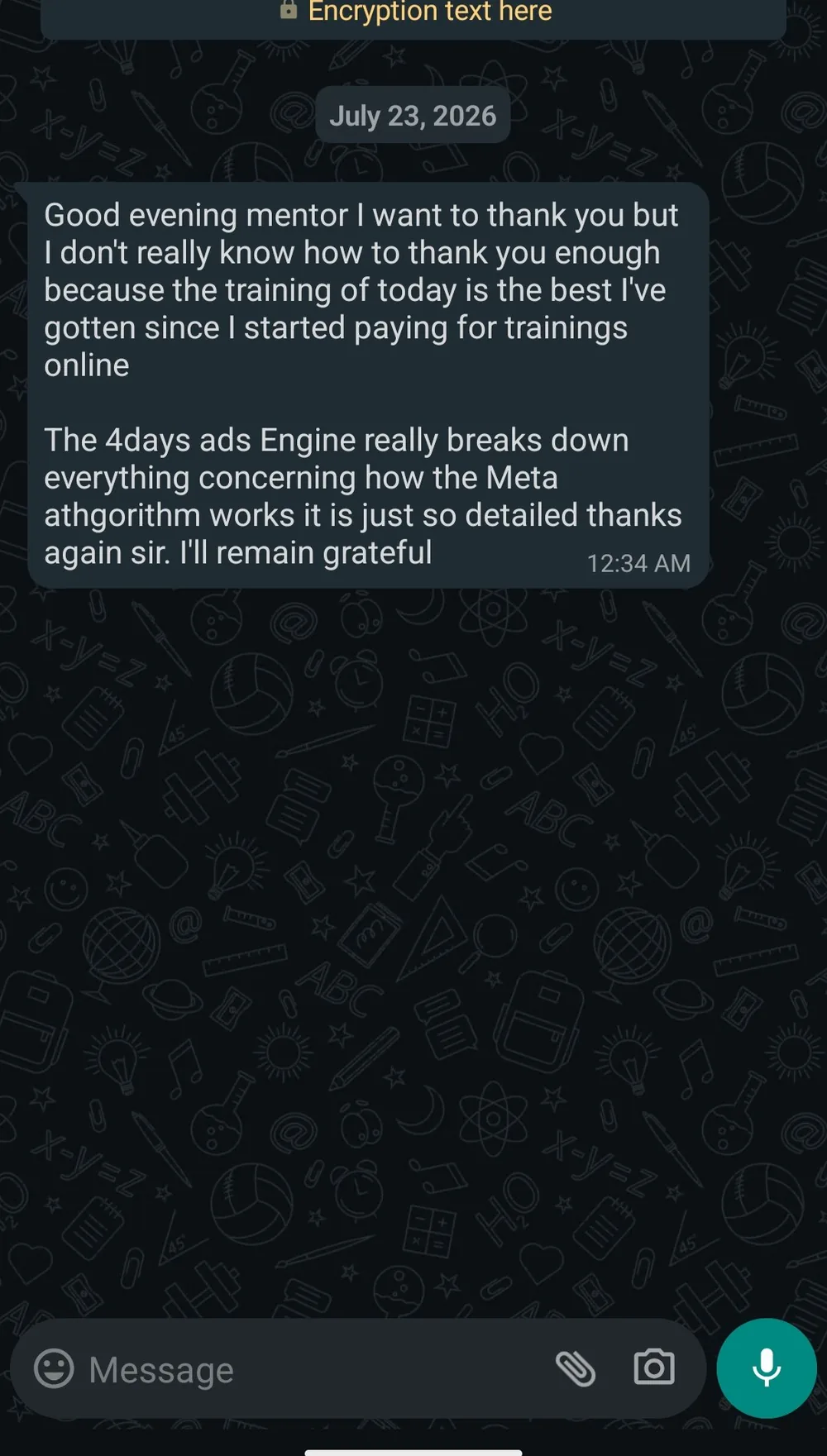Full WhatsApp message in which a student thanks the host and says the training explained how the Meta algorithm works in detail.