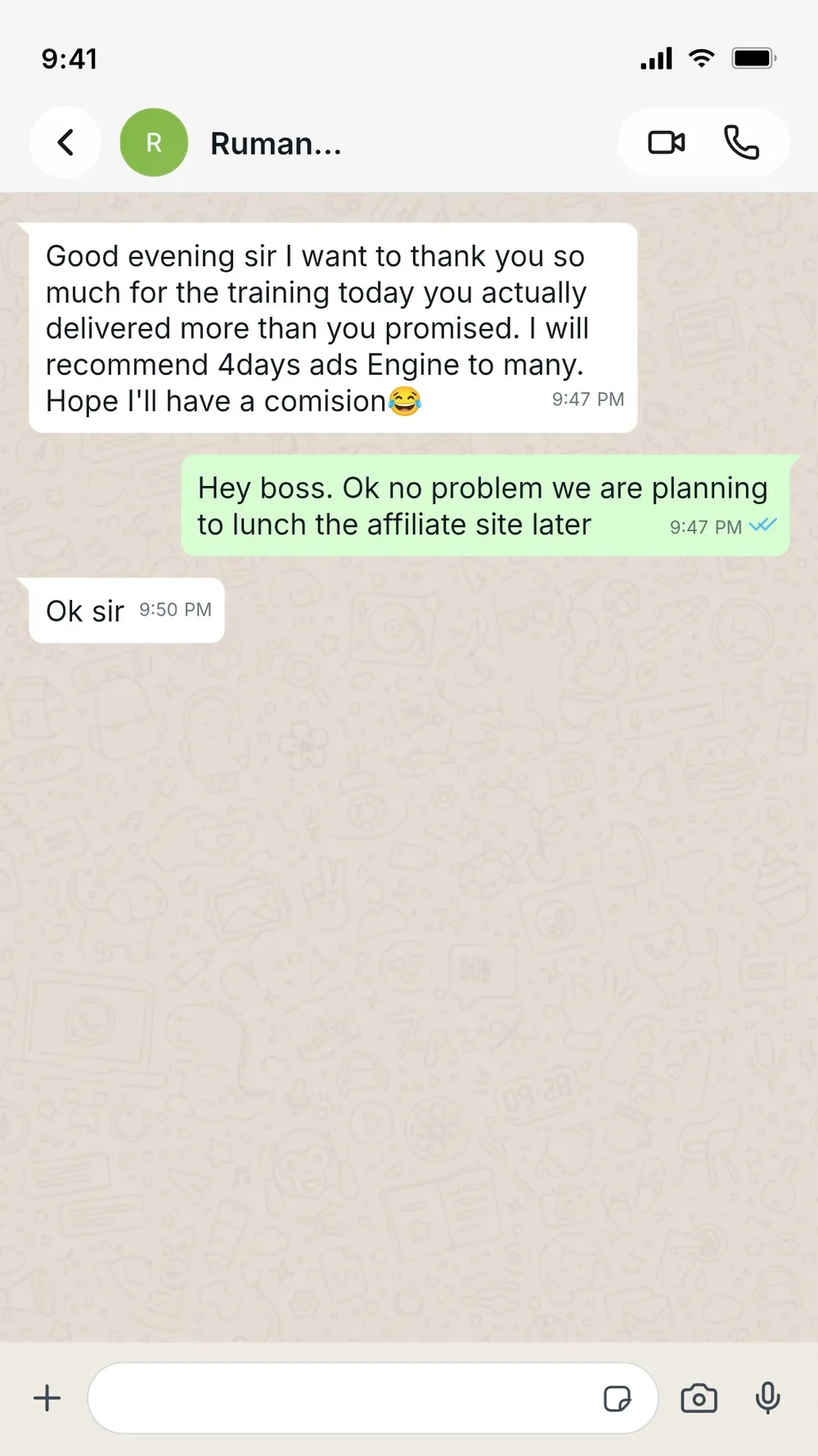 Full WhatsApp message in which a student says the training delivered more than promised and that they will recommend it to many people.